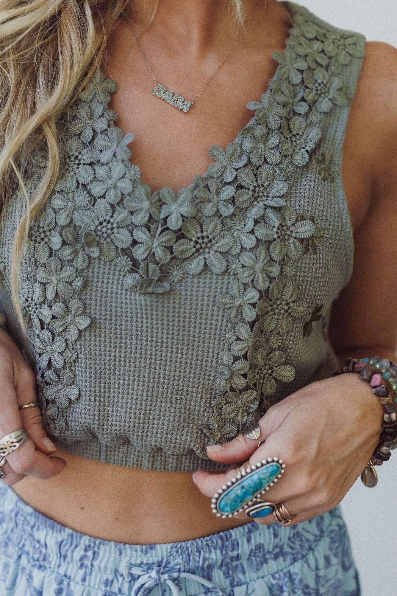 Flower Patch Cropped Tank - Olive