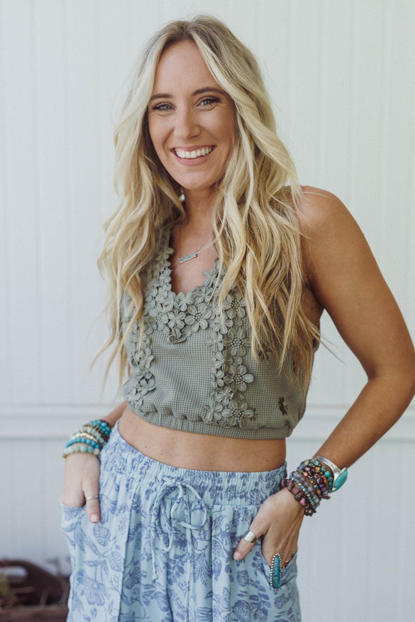 Flower Patch Cropped Tank - Olive
