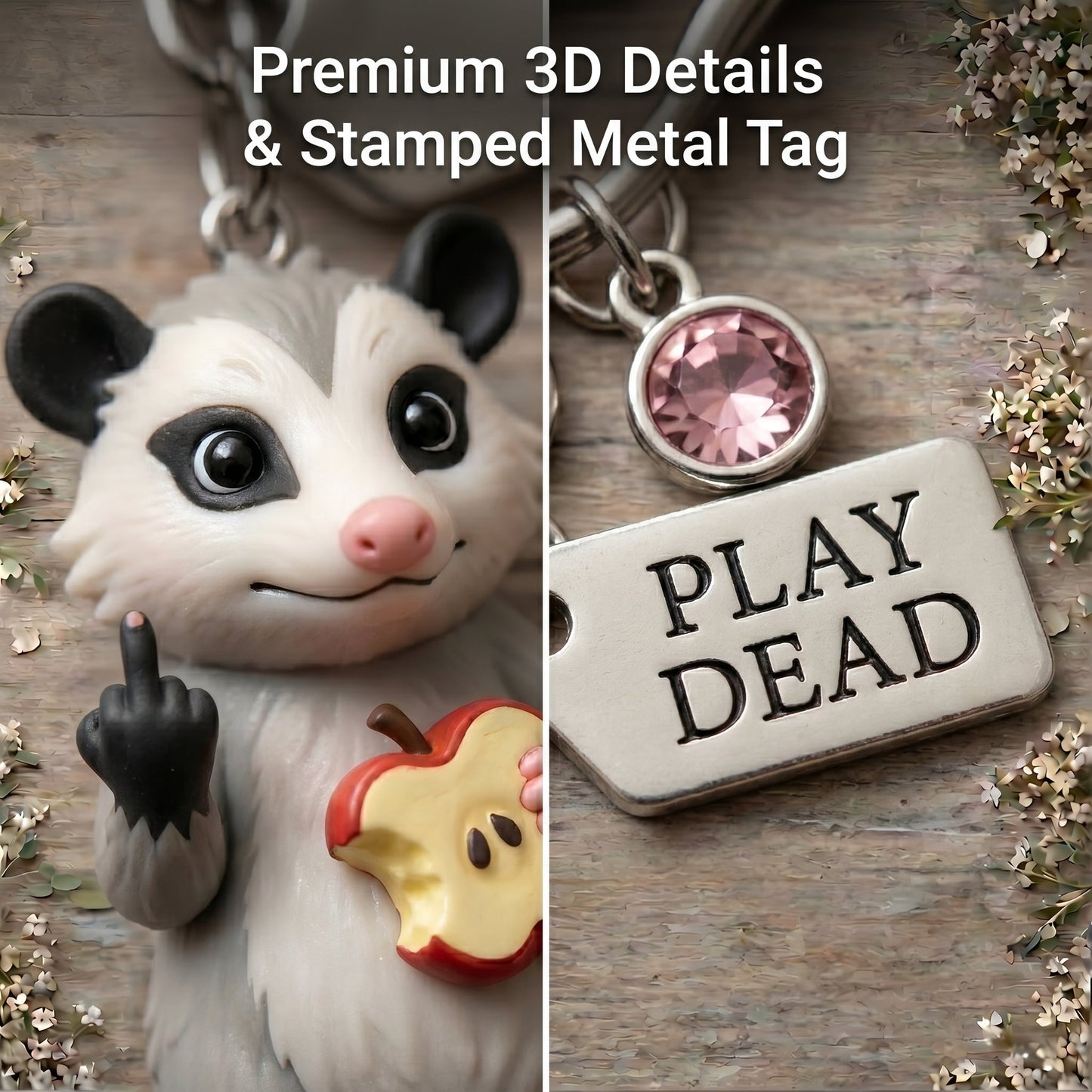 "Zero F*cks Given" Opossum Keychain w/ Custom Birthstone & Funny Poem Card 🐾🗑️